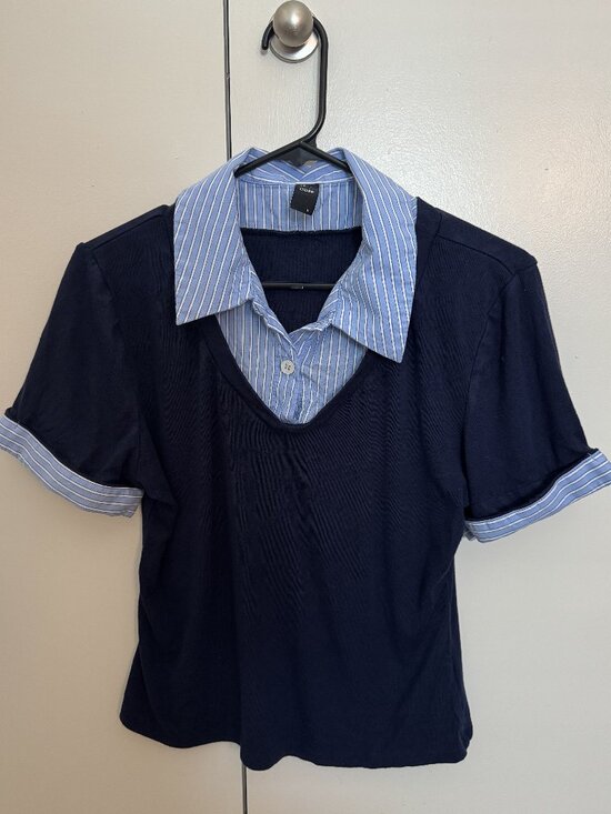 Cider Tops - Cotton Collar Stripe Two Tone Short Sleeve Top